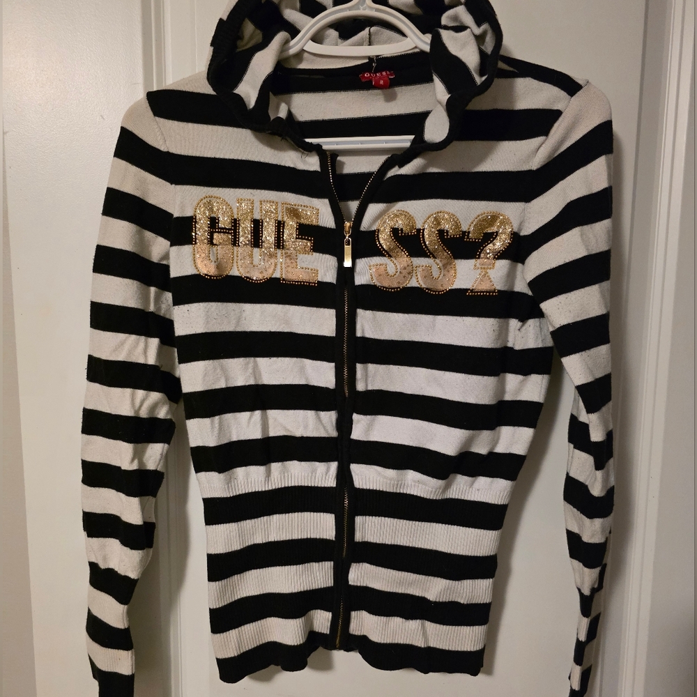 Guess Black and White Striped Zip-Up with Gold Accents